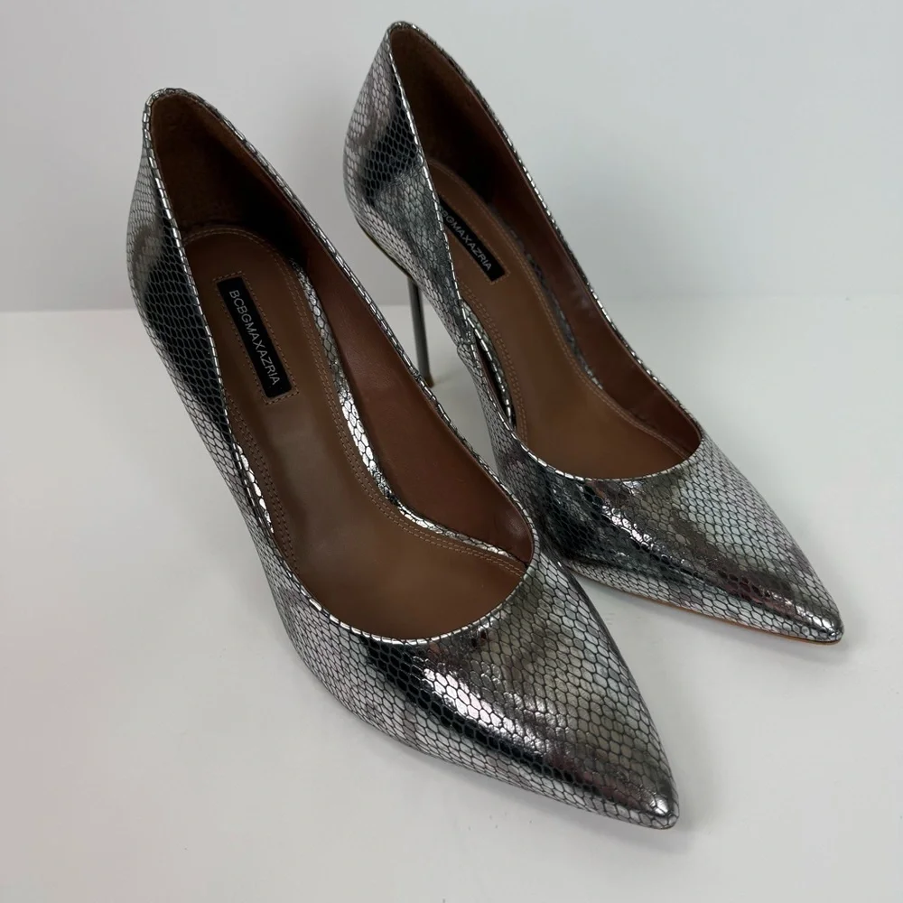BCBGMAXAZRIA Marain Metallic Leather Metal Heel Graphite Snake Stiletto Size 9 - Picture 6 of 13